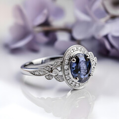 engagement ring in white gold with an oval sapphire solitaire and a halo with small diamonds, fashion, art deco