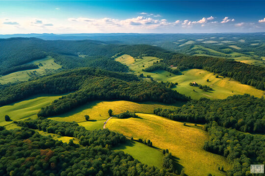 The summer aerial view captures the beauty of rolling hills, farmland, and forests all in one stunning image © Nilima