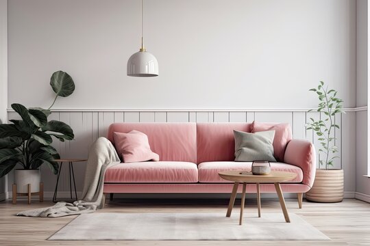 Interior wall mock up of a living room with a pink velvet sofa, pillows, and a white wall background on the right. Generative AI