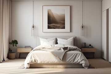 Warm bedroom décor includes a bed with white linens, a nightstand with decor and books, and a carpet on the floor. Two sample posters for the copy space. Generative AI