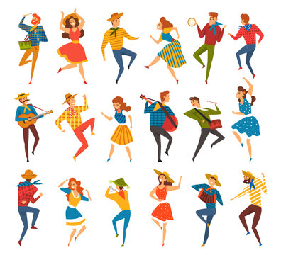Festa Junina with People Characters Dancing and Playing Musical Instrument at Brazil Party Vector Set