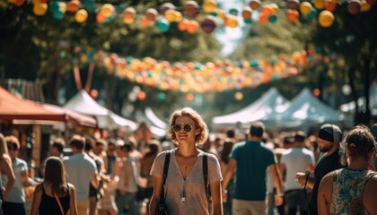 Someone enjoying a summer festival with crowds of people and colorful decorations. Generative AI