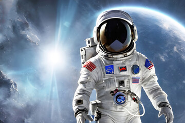 Fototapeta na wymiar An astronaut on alien planet sci fi background, realistic science fiction illustration. Generative AI.