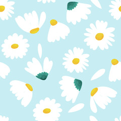 chamomile flower pattern on bright blue background