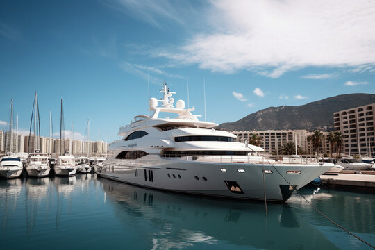 Luxury yacht in marina with blue sky and buildings around