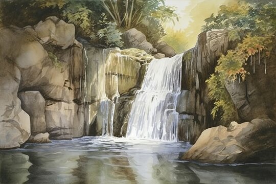 Serene landscape of a waterfall cascading down into a peaceful pool. Watercolor Painting. Generative AI