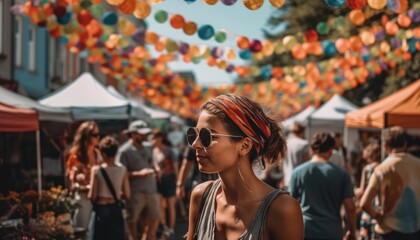 Fototapeta na wymiar Someone enjoying a summer festival with crowds of people and colorful decorations. Generative AI