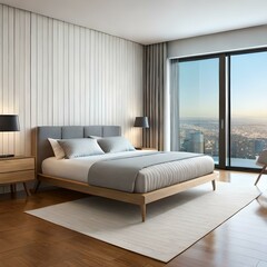 Modernes Schlafzimmer mit Blick auf die Skyline