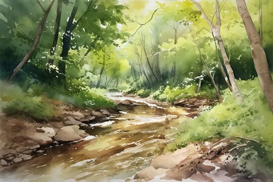 Tranquil forest stream running through a grove of trees. Watercolor Painting. Generative AI
