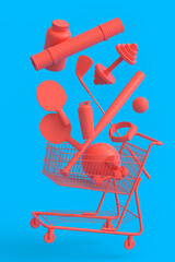 Fototapeta premium Sport equipment for fitness, gym in shopping cart on monochrome