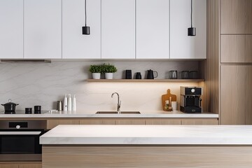 Fototapeta na wymiar Modern kitchen countertops and cabinets with a minimal design. Generative AI