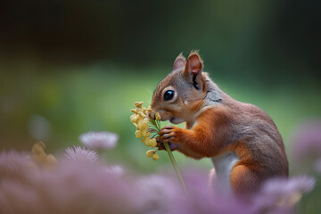 Naklejka na ściany i meble cutest little squirrel holding flower.