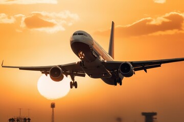 Fototapeta na wymiar airplane at sunset - Illustration created with Generative AI