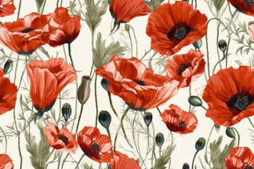 seamless poppy flower pattern - obrazy, fototapety, plakaty