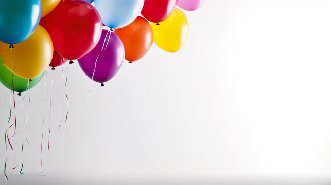 Colorful birthday balloons floating above the ground after the party on a white background with copy space. Generative ai