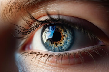 image of a beautiful blue eye with sun hitting the eye.