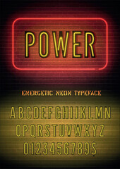 Power sign with yellow neon narrow alphabet on dark brick wall background. Vector illustration