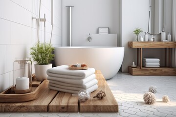Fototapeta na wymiar a wooden board or tabletop with a replica bathroom and bathroom items in the background of a contemporary white bathroom. Generative AI