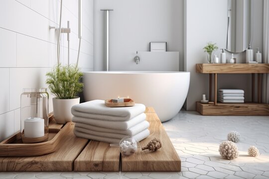 a wooden board or tabletop with a replica bathroom and bathroom items in the background of a contemporary white bathroom. Generative AI