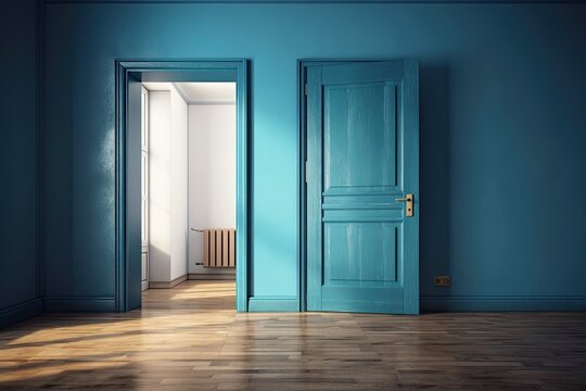 Interior of empty room with wooden floor, blue door, and concrete wall. Ideal for interior design and decoration is a blank room. Generative AI
