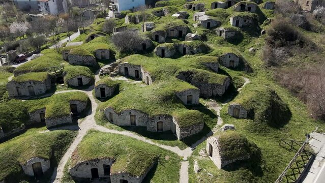 Aerial view of Palmenti, the Old rustic filled houses in Pietragalla, Potenza, Basilicata, Italy.