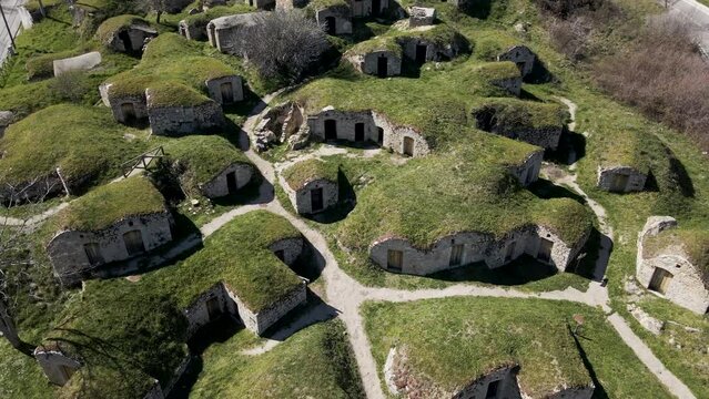 Aerial view of Palmenti, the Old rustic filled houses in Pietragalla, Potenza, Basilicata, Italy.