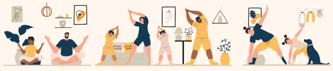 Diversity families with their children doing yoga. Mom, dad, daughter and son take care of their health. Vector illustration in hand drawn style