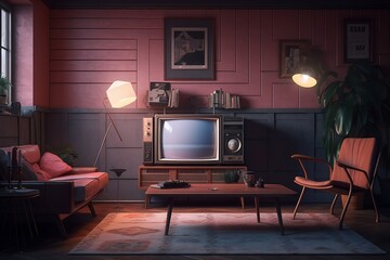 Interior design 90's pink, retro style, Polaroid effect living room design, generative ai	