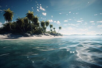 View of the ocean and palm trees, travel concept, vacation, vacation, polaroid effect, beautiful beach. generative ai