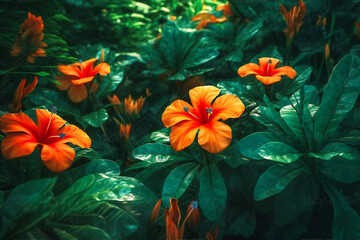 A lush, tropical background featuring bold green leaves and vibrant orange flowers