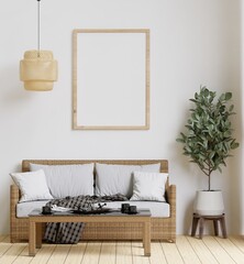 big white living room.interior design,rattan sofa,tree,wooden floor,lamp,frame  for mock up and copy space