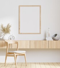 Fototapeta na wymiar big white living room.interior design,wooden long sideboard,frame for mock up and copy space