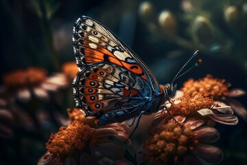 A multicolored butterfly on a blooming flower in clear weather. The concept of spring. generative ai