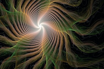 Orange green swirling pattern of crooked waves on a black background. Abstract fractal 3D rendering