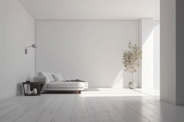 Fototapeta na wymiar Modern minimalist scandinavian interior with a big empty wall - mockup design. Illustration. Generative AI
