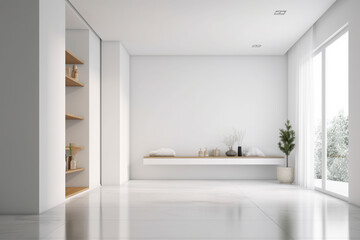 Naklejka na ściany i meble Modern minimalist scandinavian interior with a big empty wall - mockup design. Illustration. Generative AI