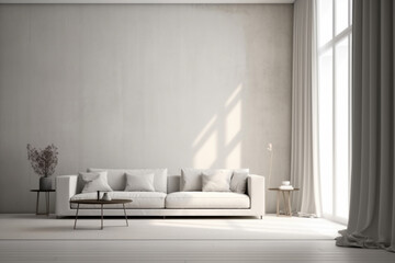 Modern minimalist scandinavian interior with a big empty wall - mockup design. Illustration. Generative AI