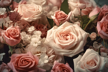 A romantic and dreamy background of soft pink roses and delicate white flowers