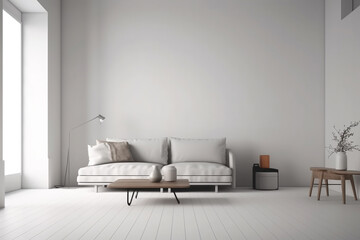 Modern minimalist scandinavian interior with a big empty wall - mockup design. Illustration. Generative AI