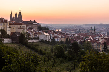 Early morning view of St. Vitus cathedral and Lesser side in Prague, Czech Republic