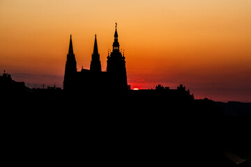 Early morning view of St. Vitus cathedral silhouette in Prague, Czech Republic