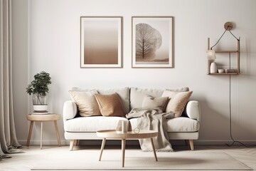 A contemporary living room design featuring a sofa, pillow, blanket, artwork, a side wooden stool, a lamp, and chic personal accessories. Template. Generative AI