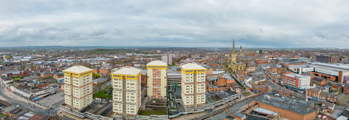 Wakefield, West Yorkshire, England, April 2nd 2023. Wakefield City Centre West Yorkshire. Aerial view of the Northern English city of Wakefield showing the Cathedral, residential  and retail spaces