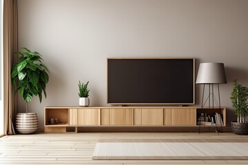 TV over a wooden cabinet in a contemporary, vacant room with a carpet made of plants. topic in Japanese fashion. concept for the interior and architecture. Generative AI