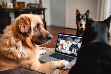 Dogs talking with friends on a video conference on a laptop. The concept of business meetings and remote assistance via the Internet. Generative ai