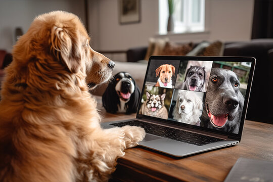 Dogs talking with friends on a video conference on a laptop. The concept of business meetings and remote assistance via the Internet. Generative ai
