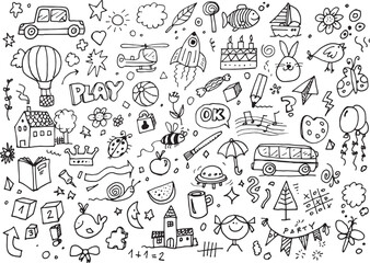 Vector kids hand drawings, doodle collection on white background