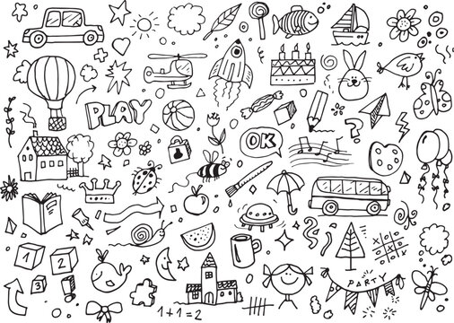 Vector kids hand drawings, doodle collection on white background
