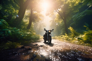 A summer adventure ride through a dense forest, where the sunlight filters through the leaves and creates a magical atmosphere