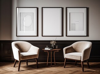 An apartment interior with white framed posters and chairs. Generative AI.